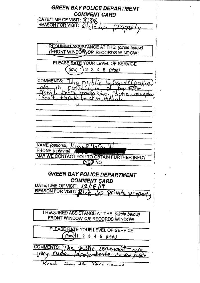 Green Bay Police Department comments cards from the arrested members of Kabeer Gbaja-Biamila's ministry